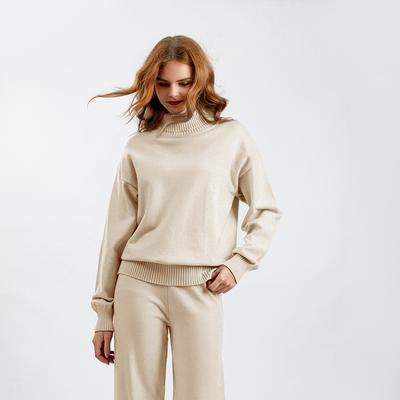 Autumn Winter Knitted Sweater Pants Women Sets Solid Color High Neck Long Sleeve Pullovers Wide Leg Pants Suit