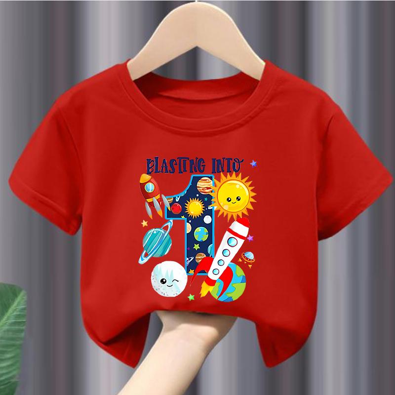New Boys and Girls Clothing Outer Space Rocket Planet Printed Childrens Tshirt Birthday Round Neck Summer polyester fabric