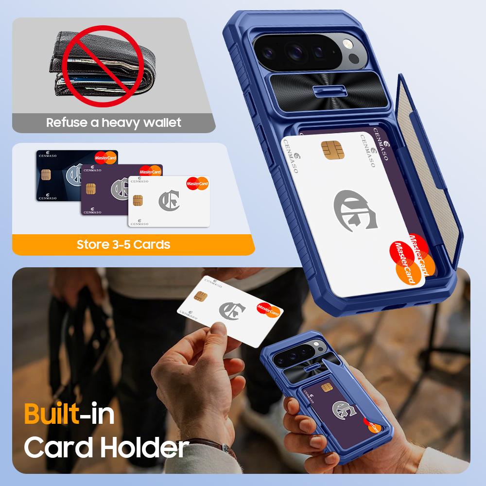 Mit Kartenhalter, Schiebbarer Kameraabdeckung und Ständer für Google Pixel 10 Pro XL Handyhülle, Anti-Fall PC+TPU Wallet Case - Blau