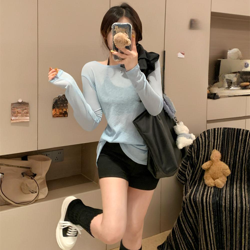 2025 spring Summer V-neck Sunscreen Thin Lazy Loose Long Sleeve T-shirts casual loose solid perspective Front and Back Double Top for Women t shirt