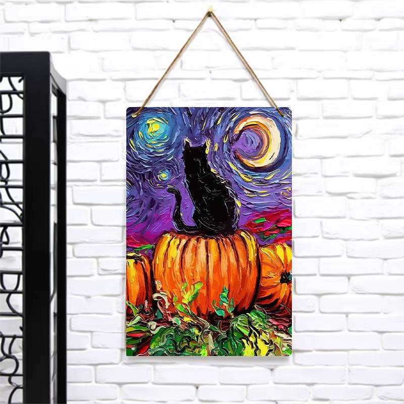 Van Gogh Starry Night Black Cat Pumpkin Metal Wall Art Halloween Home Decor Hanging Decoration 7.9x11.8In(20x30cm)