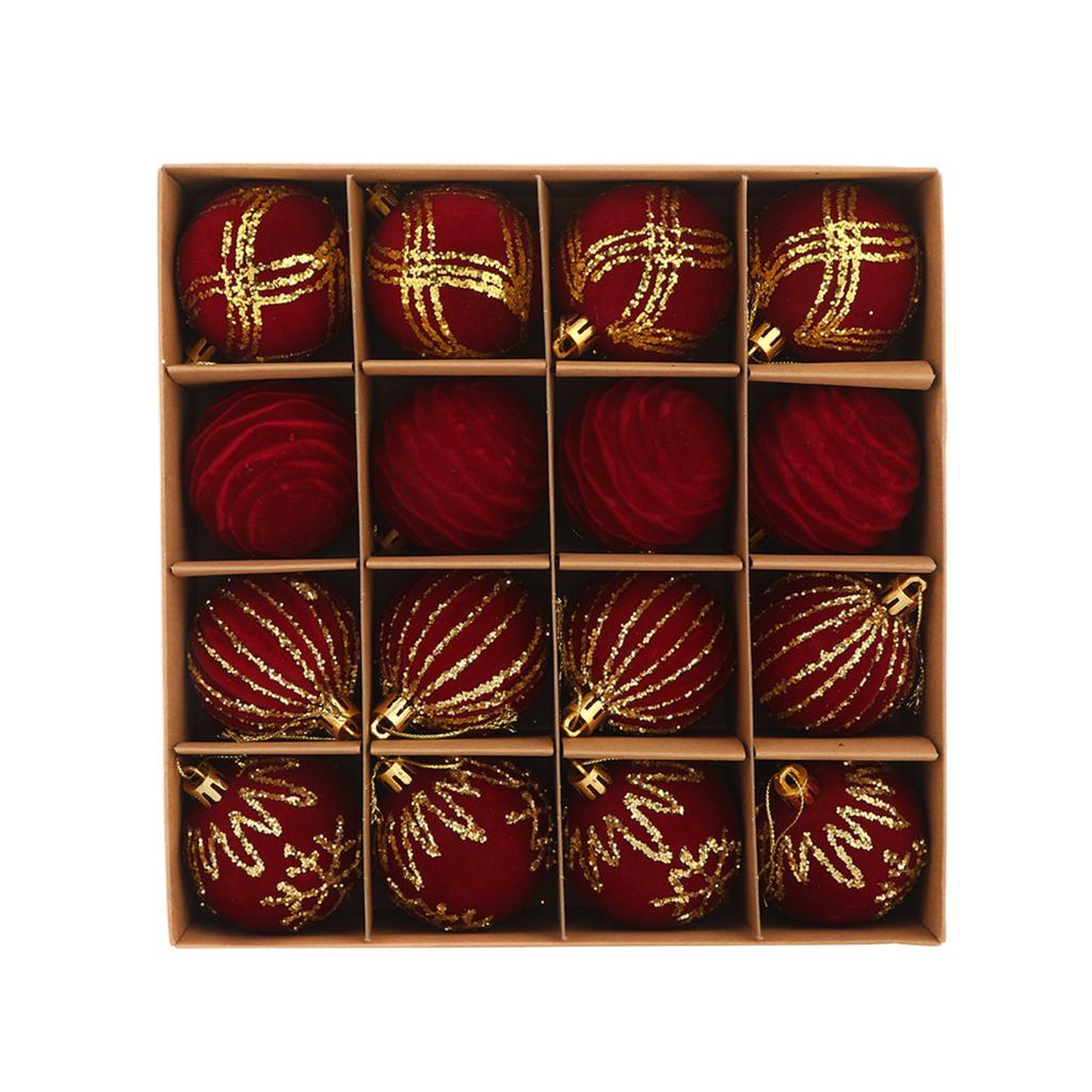 1 Box/16 Stück Weihnachten Beflockte Kugeln Xmas Dekorationen Beflockte Hängende Kugeln Weihnachtsbaum Beflockter Kugelanänger,Rot/Grün