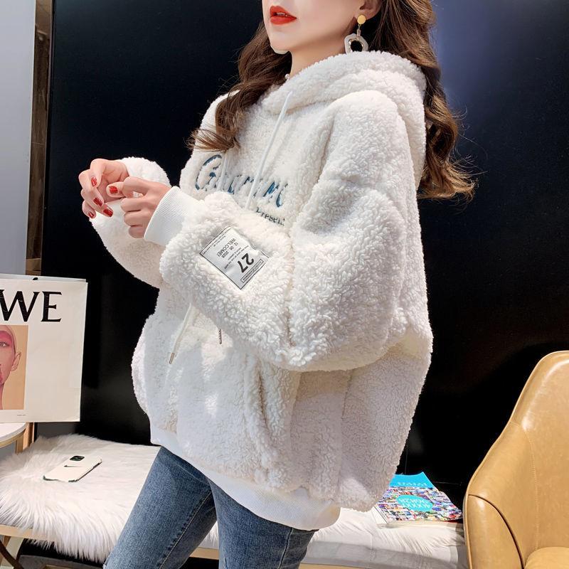 

Осенне-зимний плюшевый утолщенный свободный свитер с капюшоном, пальто с заниженными плечами, топ ягненка S