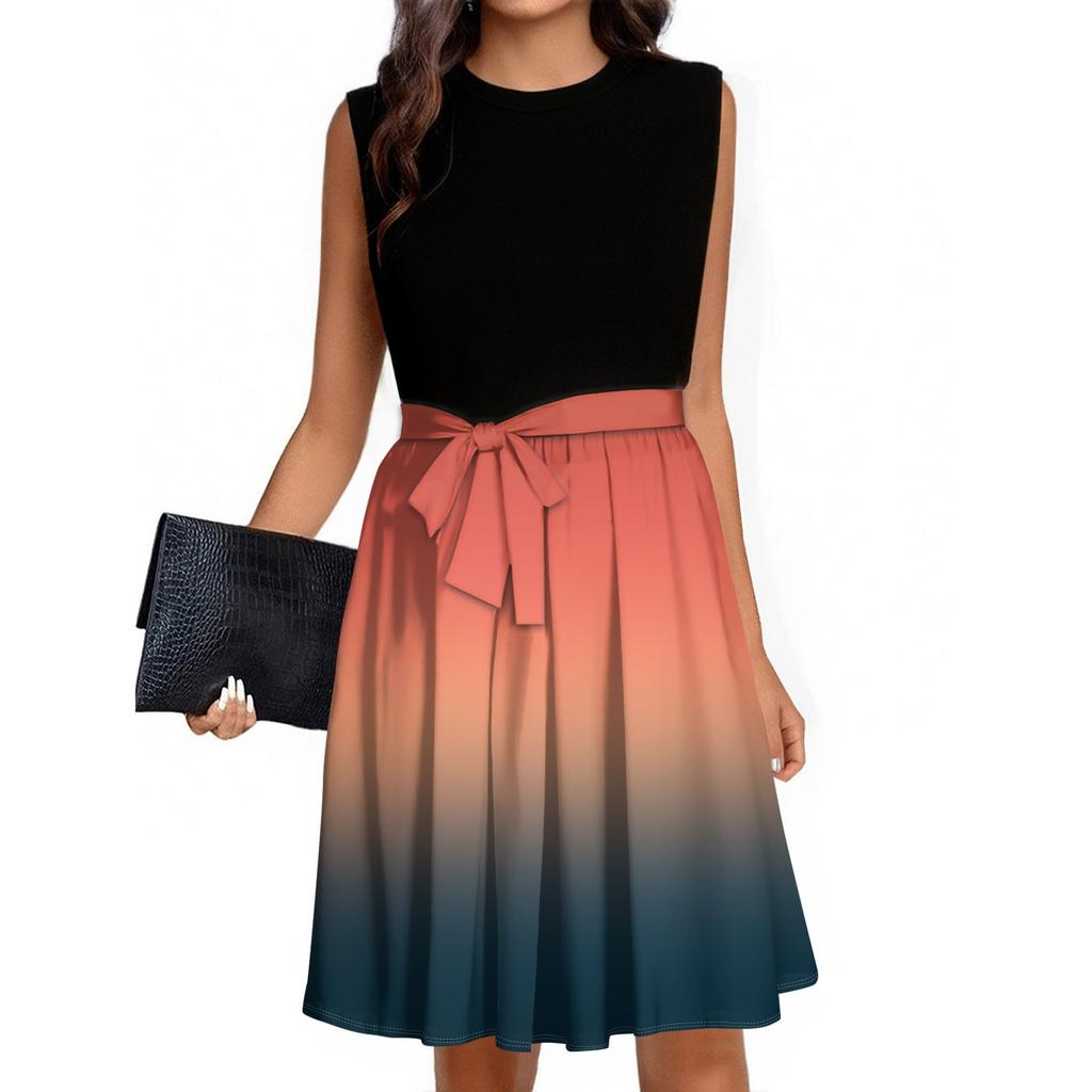 Women's Fashion Casual Lace-up Sleeveless Round Neck Splicing Short Dress
