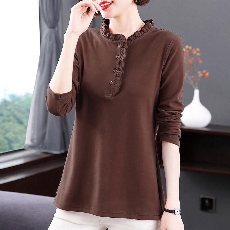 2025 Autumn New Fashion Solid Color T Shirt Woman O Neck Long Sleeve T-shirt Women European Style Female Button Shirts
