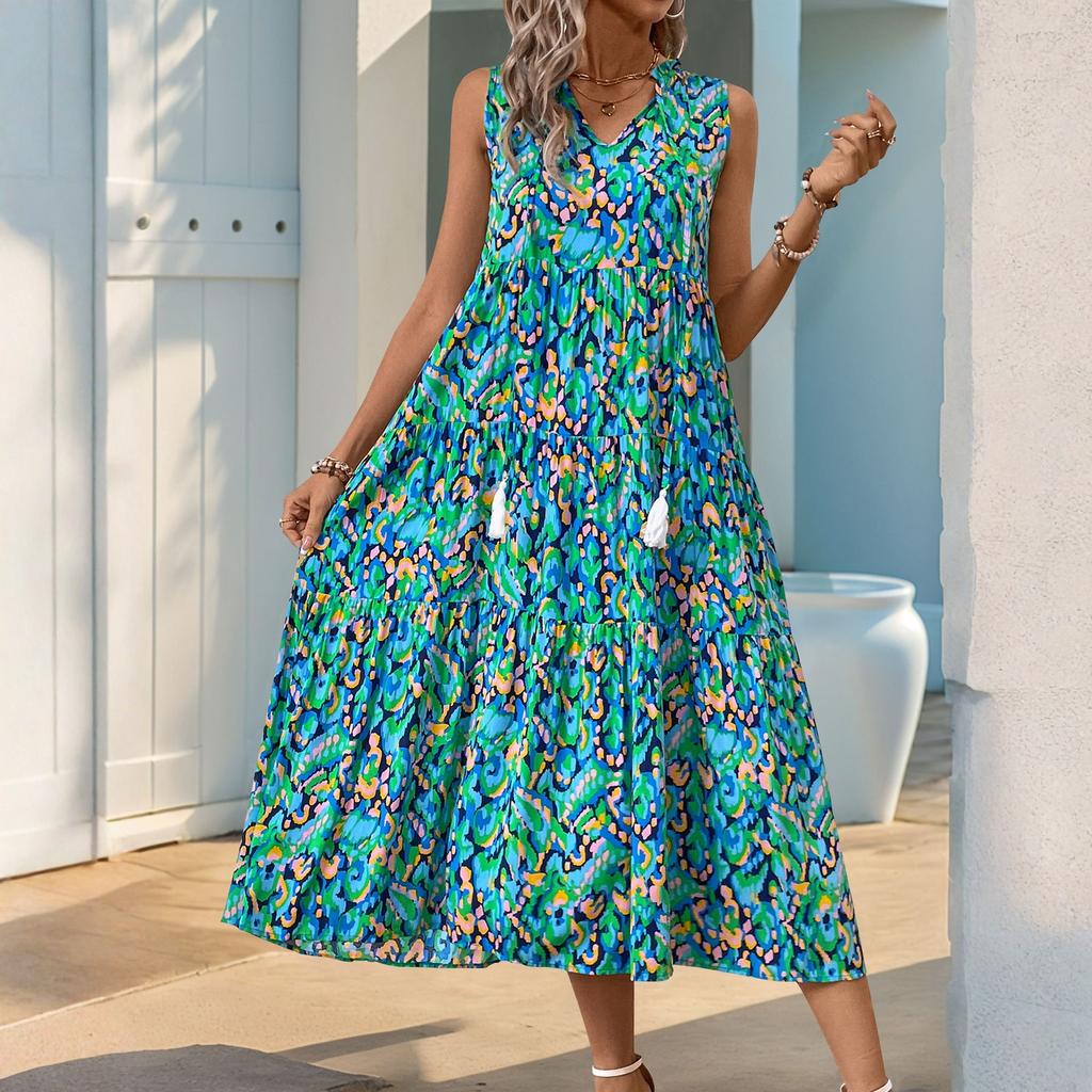 Abito da Donna Senza Maniche Casual Svasato A-line Midi Vestiti a Maglietta Con Tasche Girocollo Vacanza Boho Spiaggia Vestito Estivo