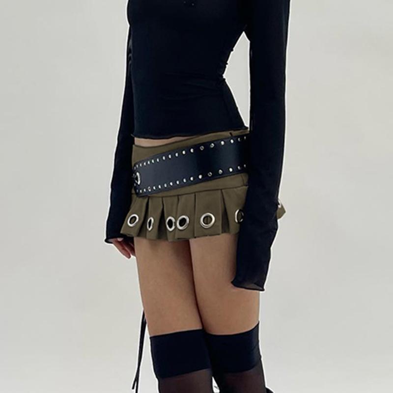Women's Clothes Retro Punk Low Waist Y2k Mini Pleated Skirt With PU Belt Summer Sexy Super Short Skirt Vintage Streetwear Skinny
