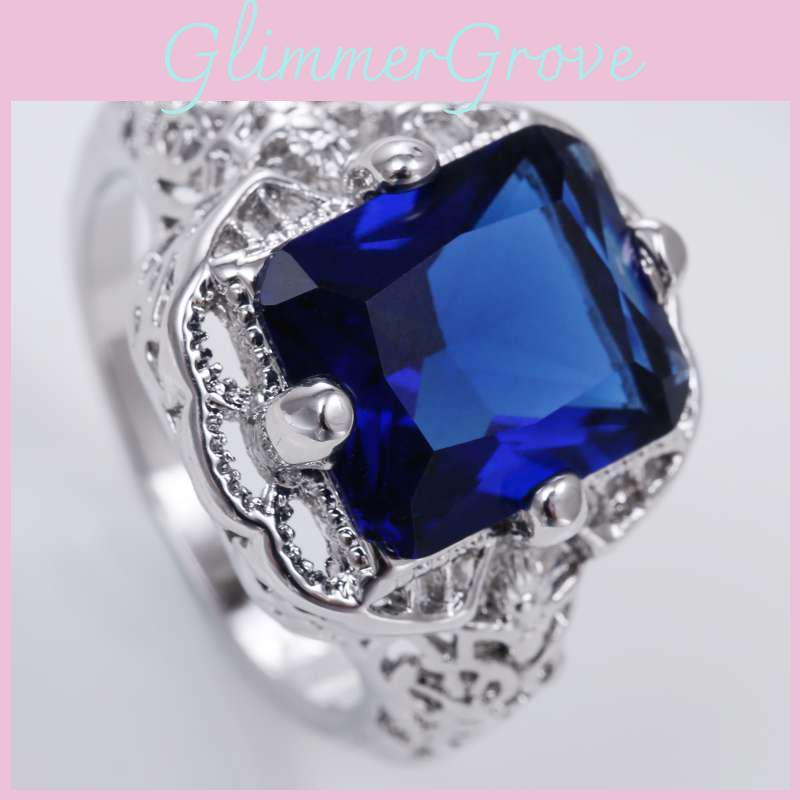 Elegant Blue Vintage Ring With Sapphire Stone And Silver Plating For Women