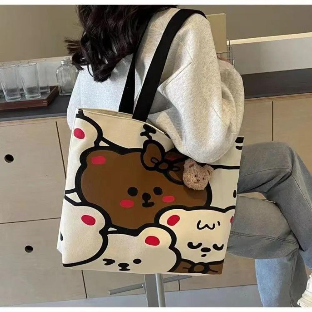 Cartoon Bear Canvas Shoulder Bag Handbag Large Capacity Tote School Bag Tutoring Bag Casual Commuting Bag Underarm Bag