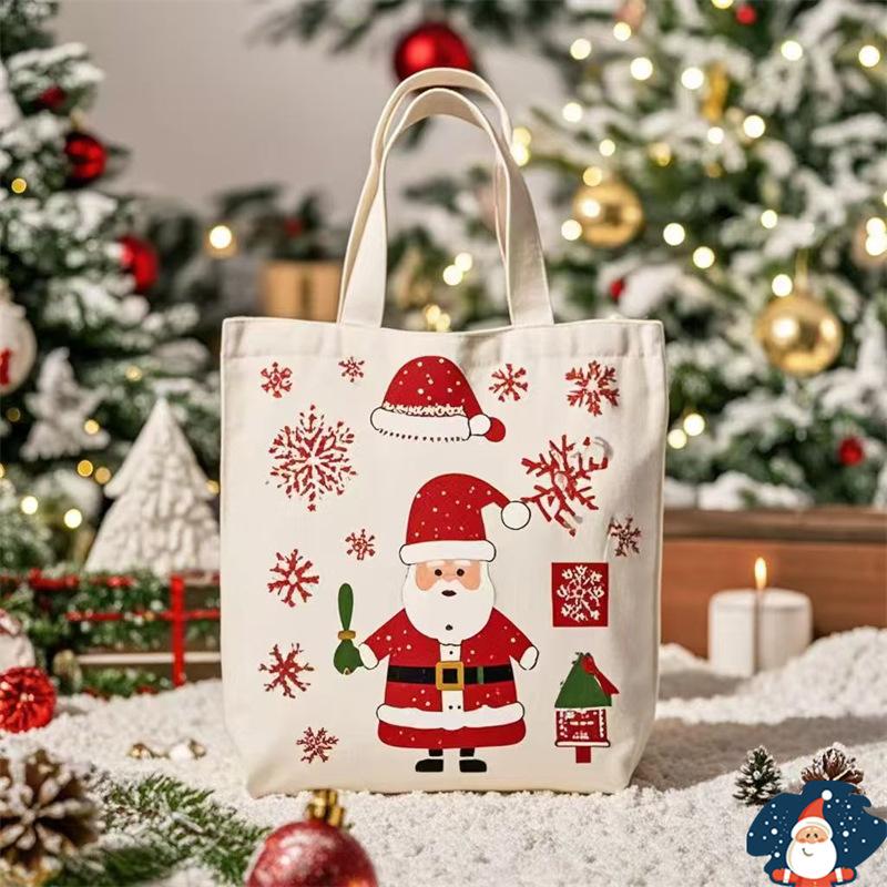Happy New Year Christmas Gift Bags Cartoon Santa Claus Elk Christmas Tree Tote Canvas Bag Large Capacity Holiday Shopping Bag