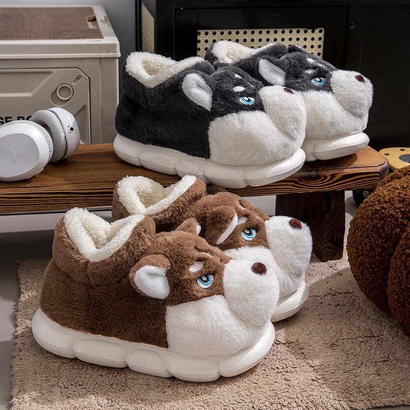 Men's Winter Cartoon Slippers - Plush Velvet, Non-Slip, Closed-Back Cotton Shoes