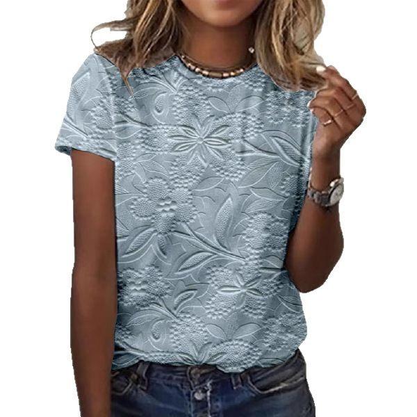 Summer Round Neck 3D Flower Print Top Fashionable Casual Short Sleeved Women's T-shirts