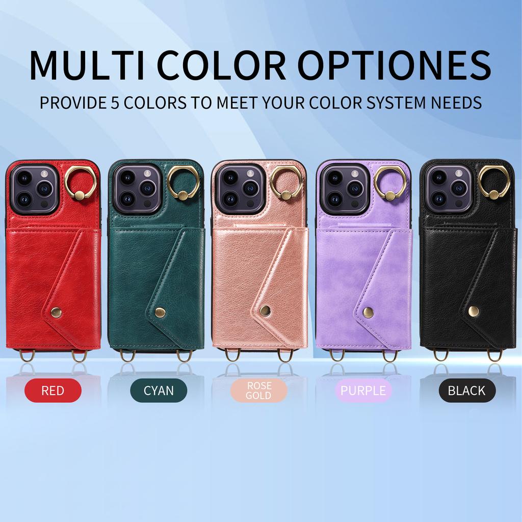 For iPhone 14 Series.for iPhone 14,14 Plus,14 Pro,14 Pro Max Shoulder Strap Rope Ring Bracket Design Card Holder Slots Lichee Pattern Cover Phone Case
