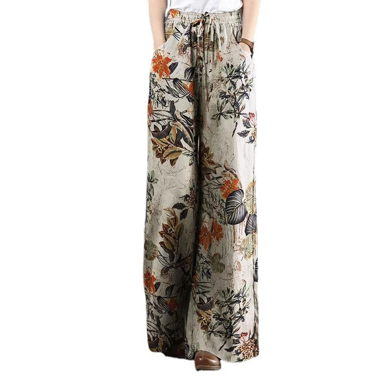 Pantaloni cu imprimeu floral Pantaloni largi din bumbac cu talie inalta