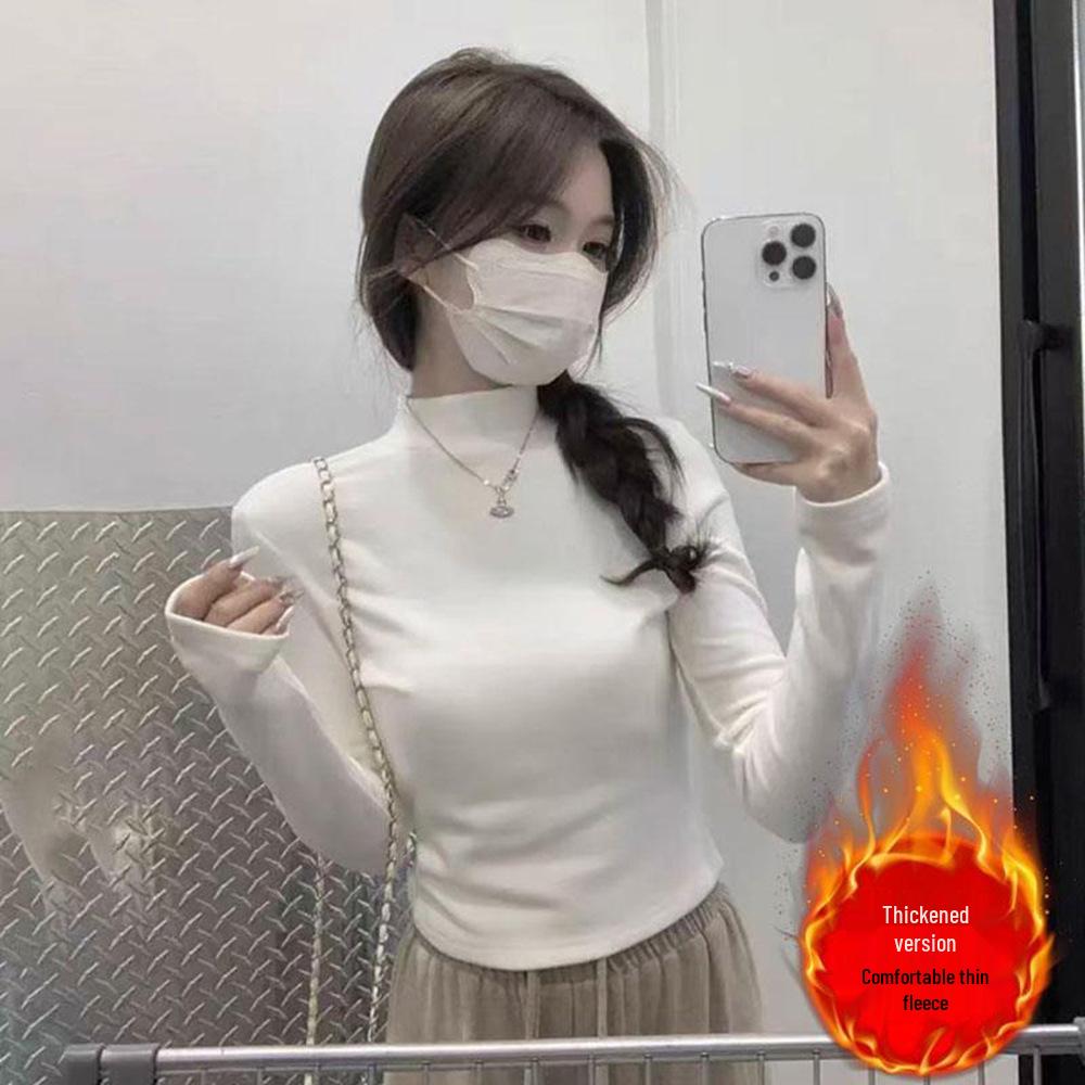

Women s Ribbed Velvet Half-High Collar Base Layer T-Shirt, 270g, Long Sleeve, Warm Autumn/Winter Top Extra Large білий