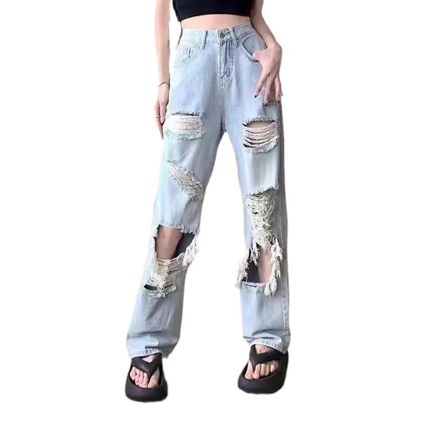 Women's American High Street Style Distressed Ripped Jeans – Straight, Loose Fit for Spring and Autumn