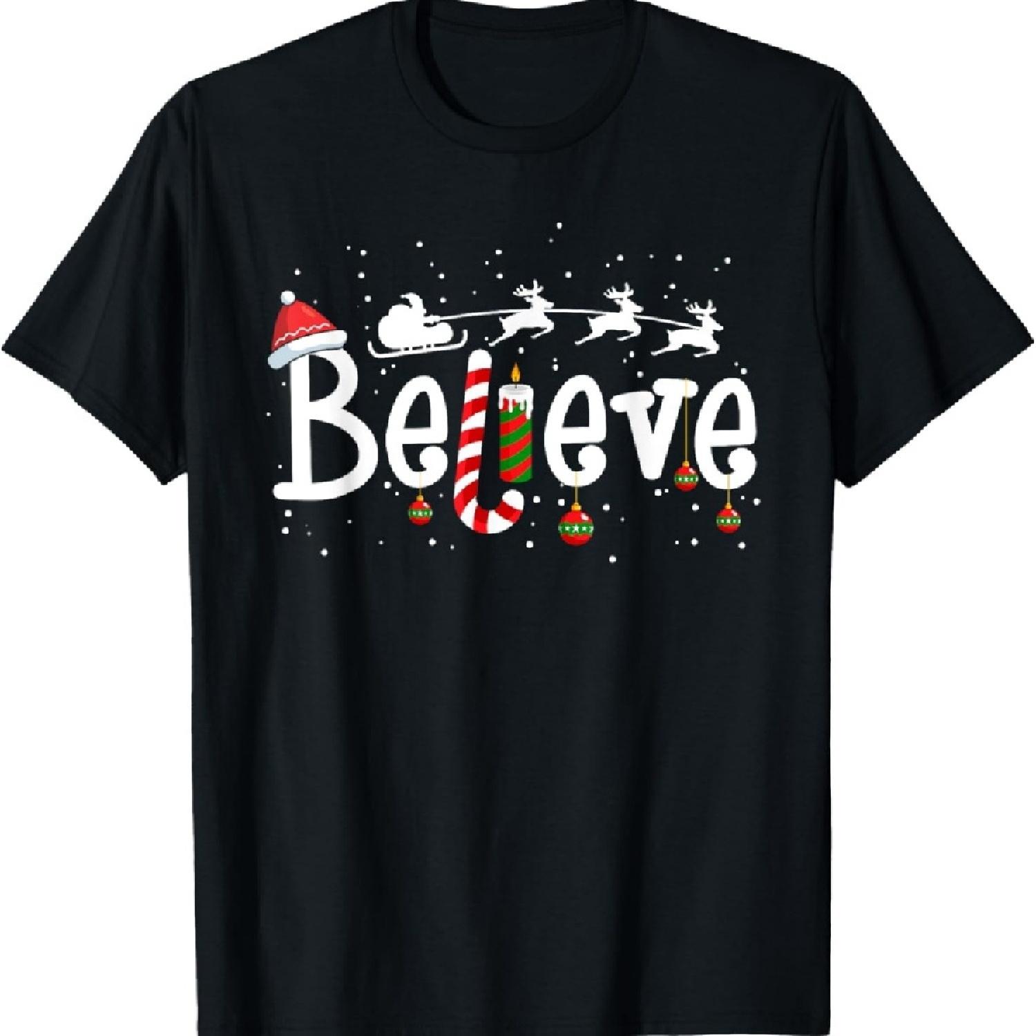 

Believe Christmas Santa Claus Reindeer Candy Cane Xmas T-Shirt XXXXXL чорний