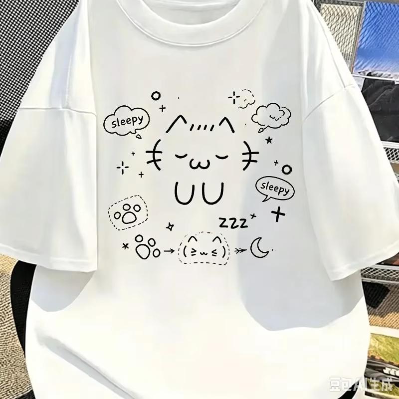 Cartoon Printed Fashion Pattern Tshirt Casual Shortsleeved White Cute Cat Summer Short Sleeved Harajuku Streetwear Tops Tee