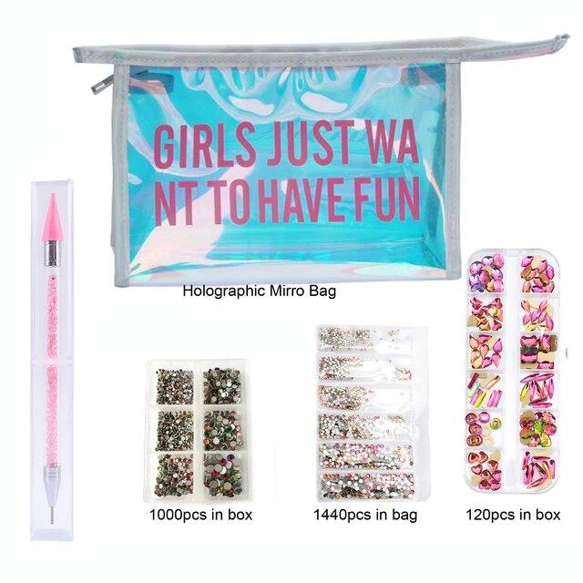 Sada kamínků bez fixace/křišťálové sklo Hotfix kamínky v zrcadlové foliové taštičce manikúrové pero Štrasové příslušenství pro zdobení nehtů