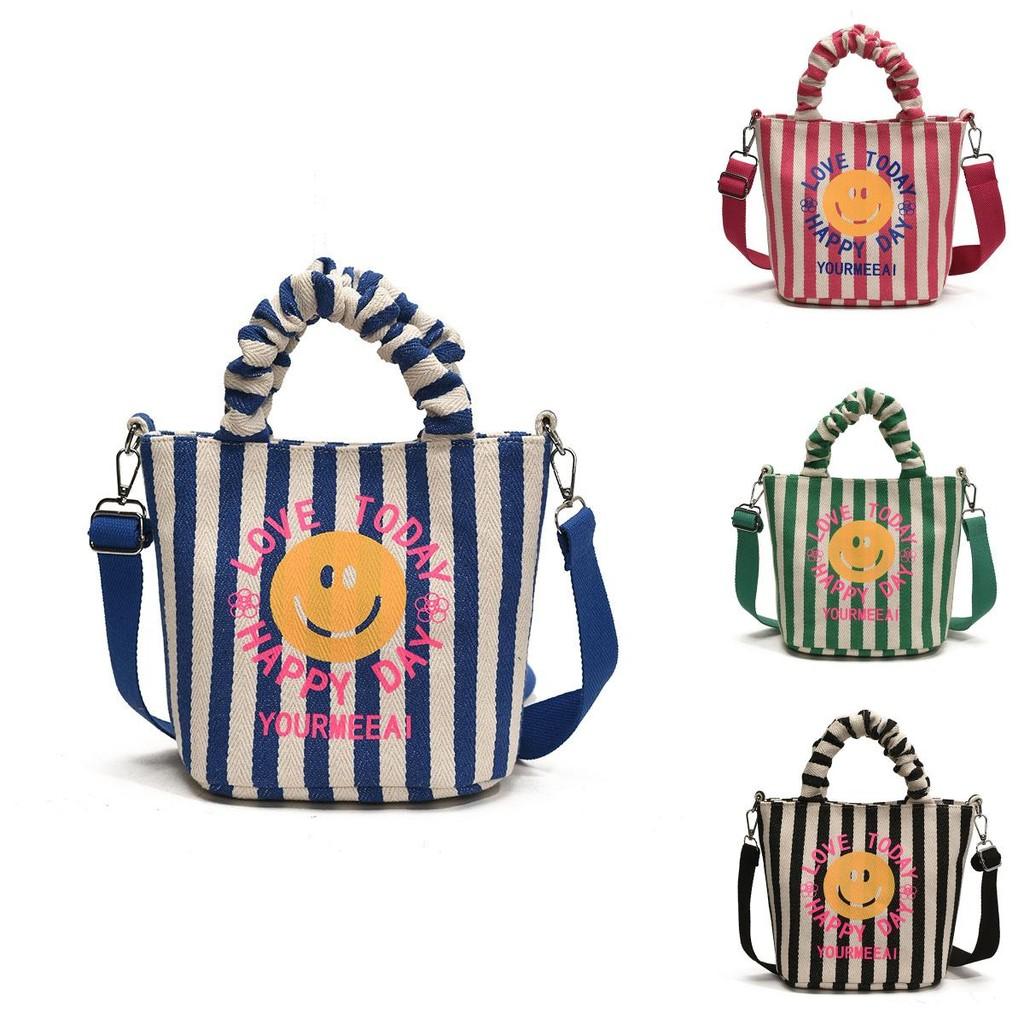 Face Cute Smiley Unisex Kids Shoulder Bag Fashionable Striped Children Pleated