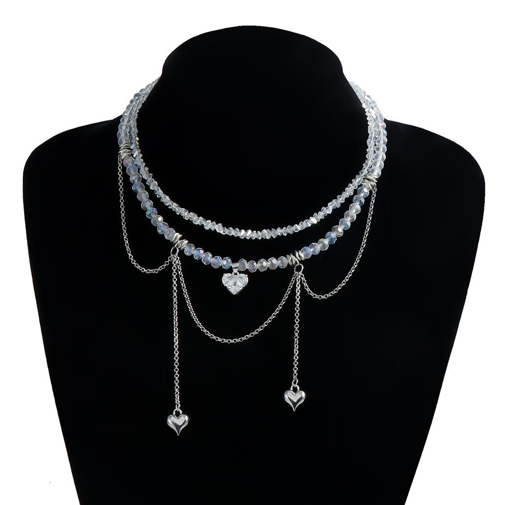 Love Zircon Double Chain Tassel Design Collar Chain - Crystal Necklace For Women