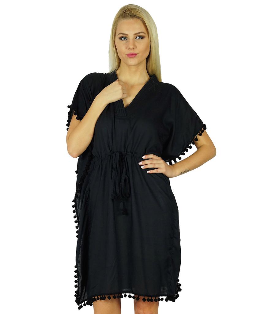 Bimba Women Cotton Kaftan With Pom Pom Tassels Short Caftan Beach Coverup