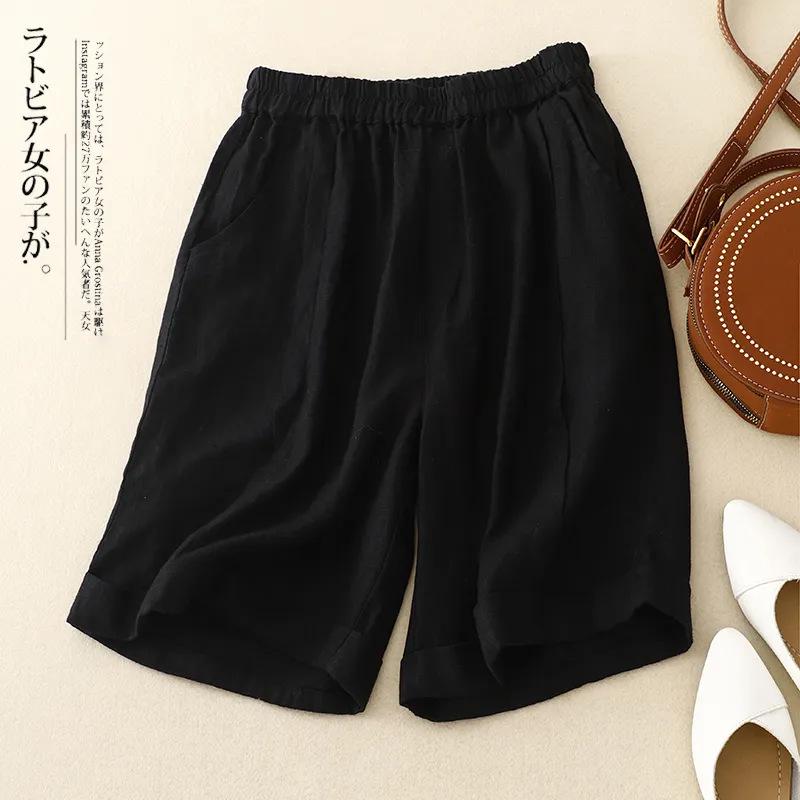 2024 Women's High Waist Cotton Linen A-line Shorts - Summer Elastic Wide Leg Casual Five-Point Pants