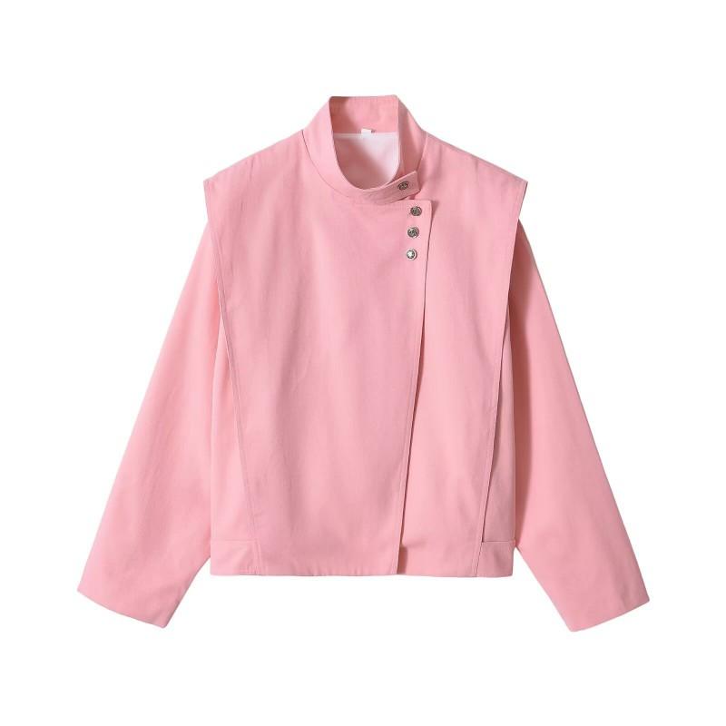 Womens 2026 Oversized Stand Collar Jacket With Shoulder Pads Button Front Raglan Sleeves Streetwear Loose Fit