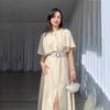 European & American Solid Color Round Neck Short Sleeve Slim Fit Long Dress with Waist Belt