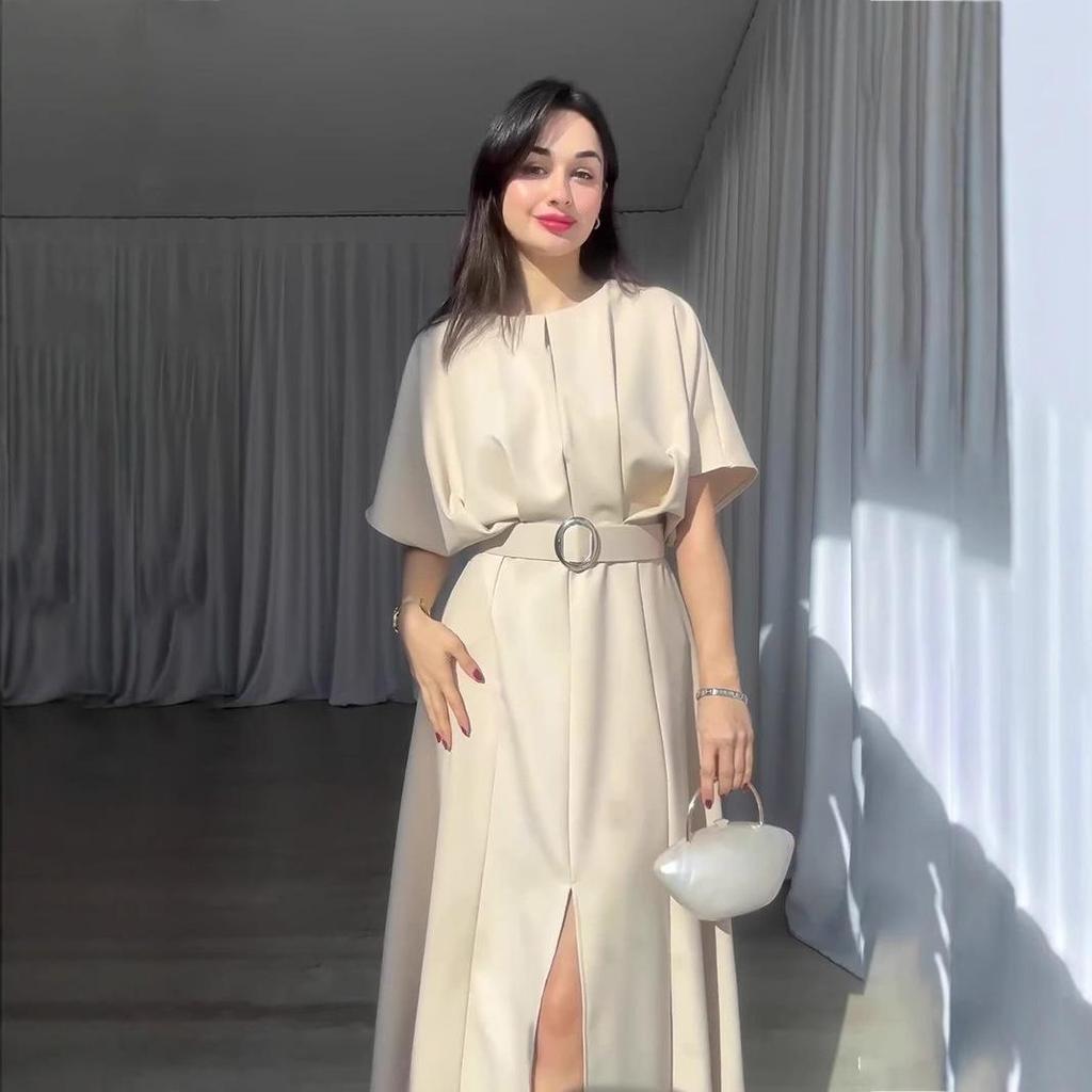 European & American Solid Color Round Neck Short Sleeve Slim Fit Long Dress with Waist Belt