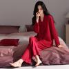 Damen Rotes V-Ausschnitt Baumwoll-Pyjama-Set - Langarm & Hose, Hautfreundlich, Bequemer Cardigan
