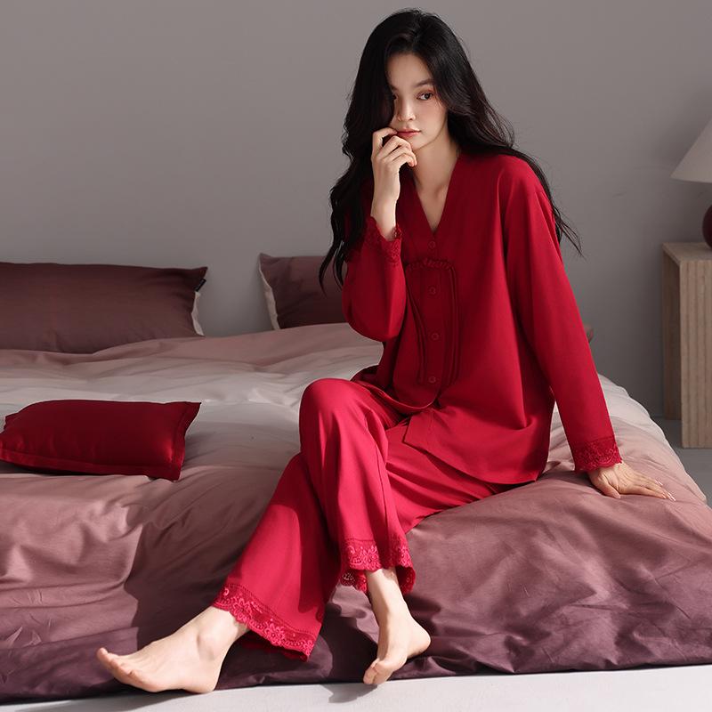 Women's Red V-Neck Cotton Pajama Set - Long Sleeve & Pants, Skin-Friendly, Comfortable Cardigan