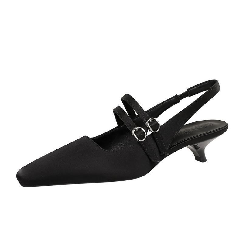 Korean Style Pointed One-Length Strap Back Empty Shoes Comfortable Low Heel Single Shoes Shallow Mouth Wine Glass Heel Silk