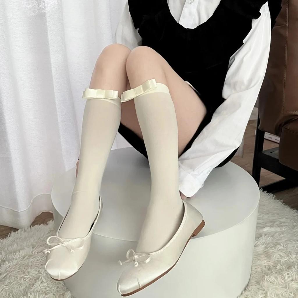 Summer Thin Velvet White Silk Long Tube Socks with Butterfly Knot over Knee Slimming Leg Effect Japanese Style JK Stockings