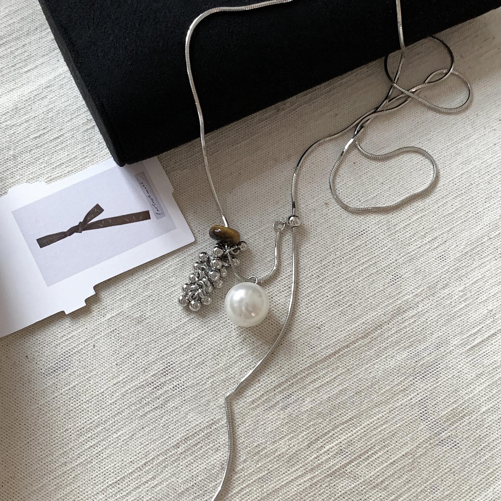 Французское Простое Ожерелье из Тигрового Глаза и Жемчуга Длинный Дизайн Цепочка-Ожерелье для Свитера Женское