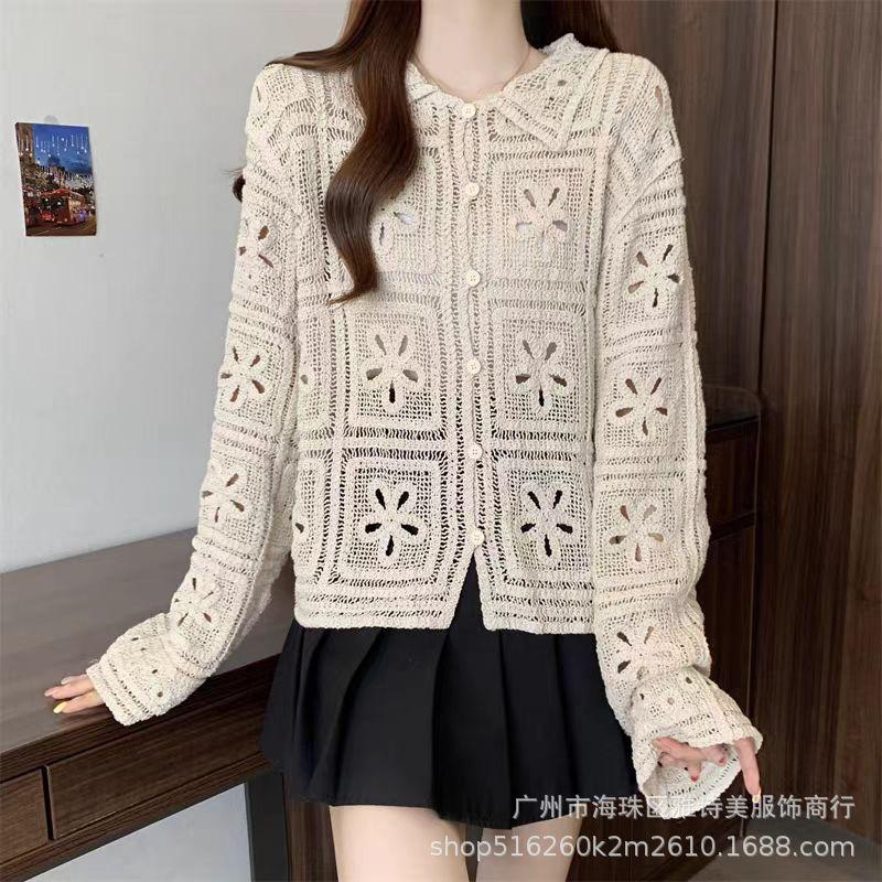 Fashion loose and thin hollow crochet knitted sweater women's new foreign style unique chic cardigan long-sleeved top