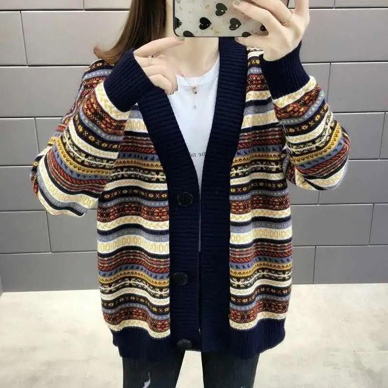 Plus-size Jacket Female Spring and Fall Striped Versatile Casual Knitted Cardigan Comfortable Elastic Loose Jacket