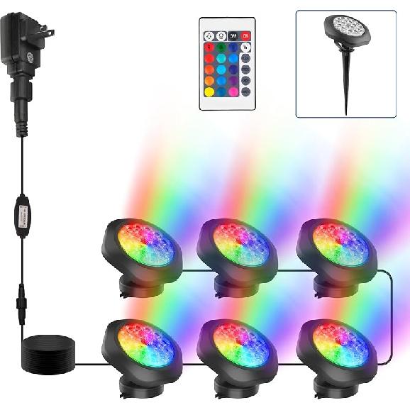 RGBW Pond Lights with Timer, 18 LED Super Bright Underwater Submersible Fountain Lights Color Changing Spotlights, Remote Control IP68 Waterproof for