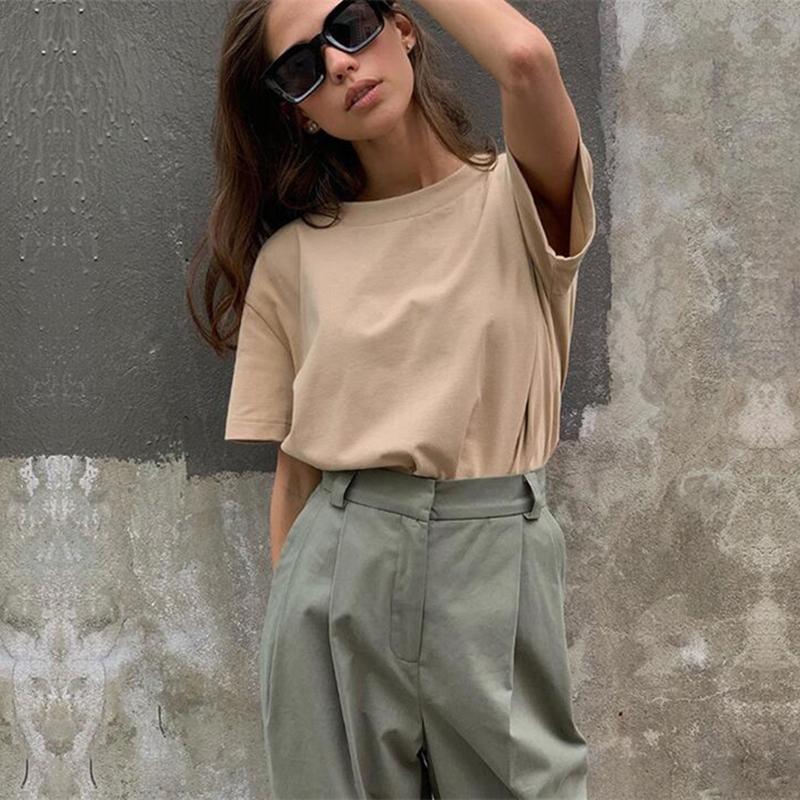 Hirsionsan 100% Cotton Oversized T Shirt Women Harajuku Basic Loose Short Sleeve Tees Soft Female Solid Tops Khaki Summer Jumper