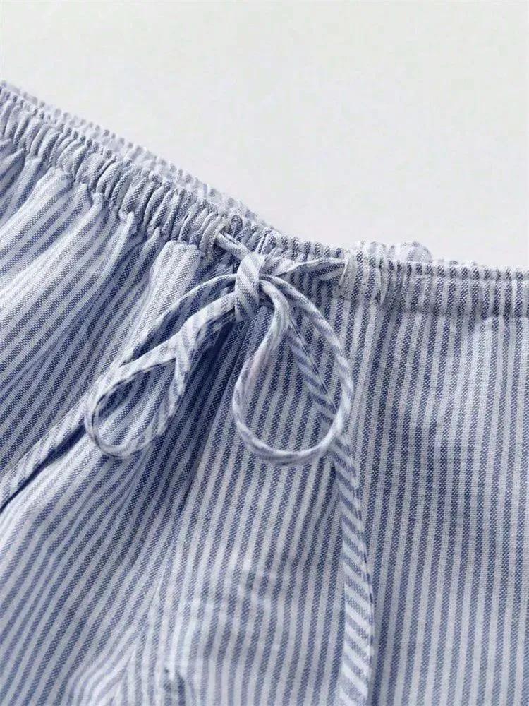 Short Phumee Striped   Elastic Waist  Beach  Lace Up  A2441