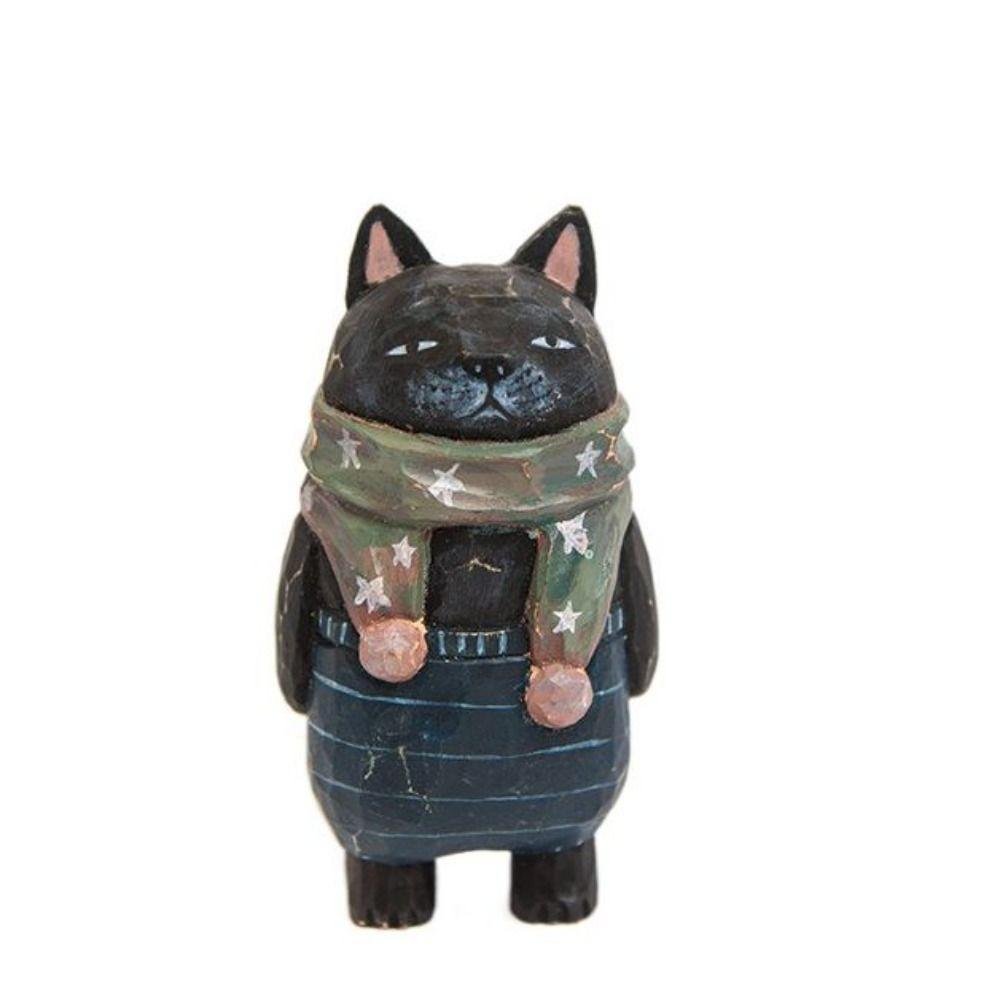 Cute Wood Carving Cat Ornament Small Simple Style Painted Cartoon Cat Sculpture Solid Wood Handmade