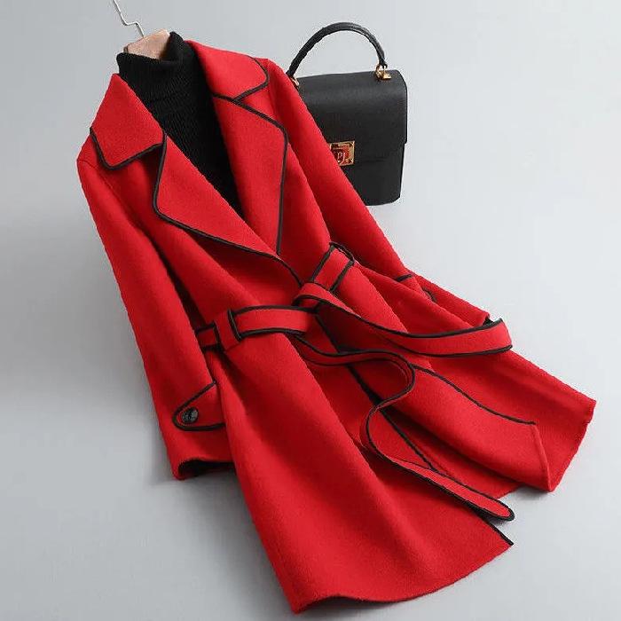 Korean Style Women's Slimming Imitation Cashmere Wool Coat - Color Block Mid-Length for Autumn and Winter