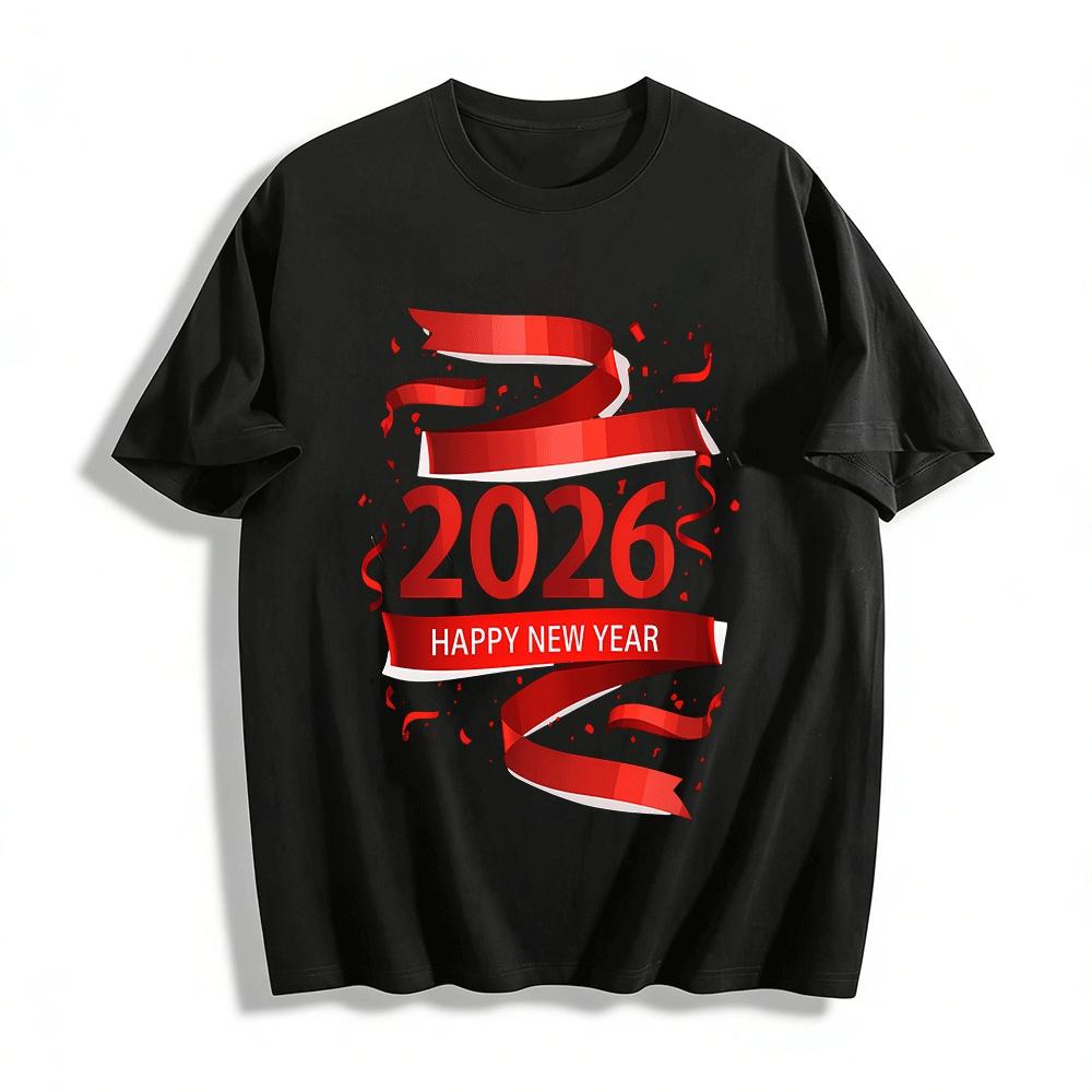

2026 Happy New Year Red Ribbon Print Casual Festival Top Pure cotton T-shirt XXS