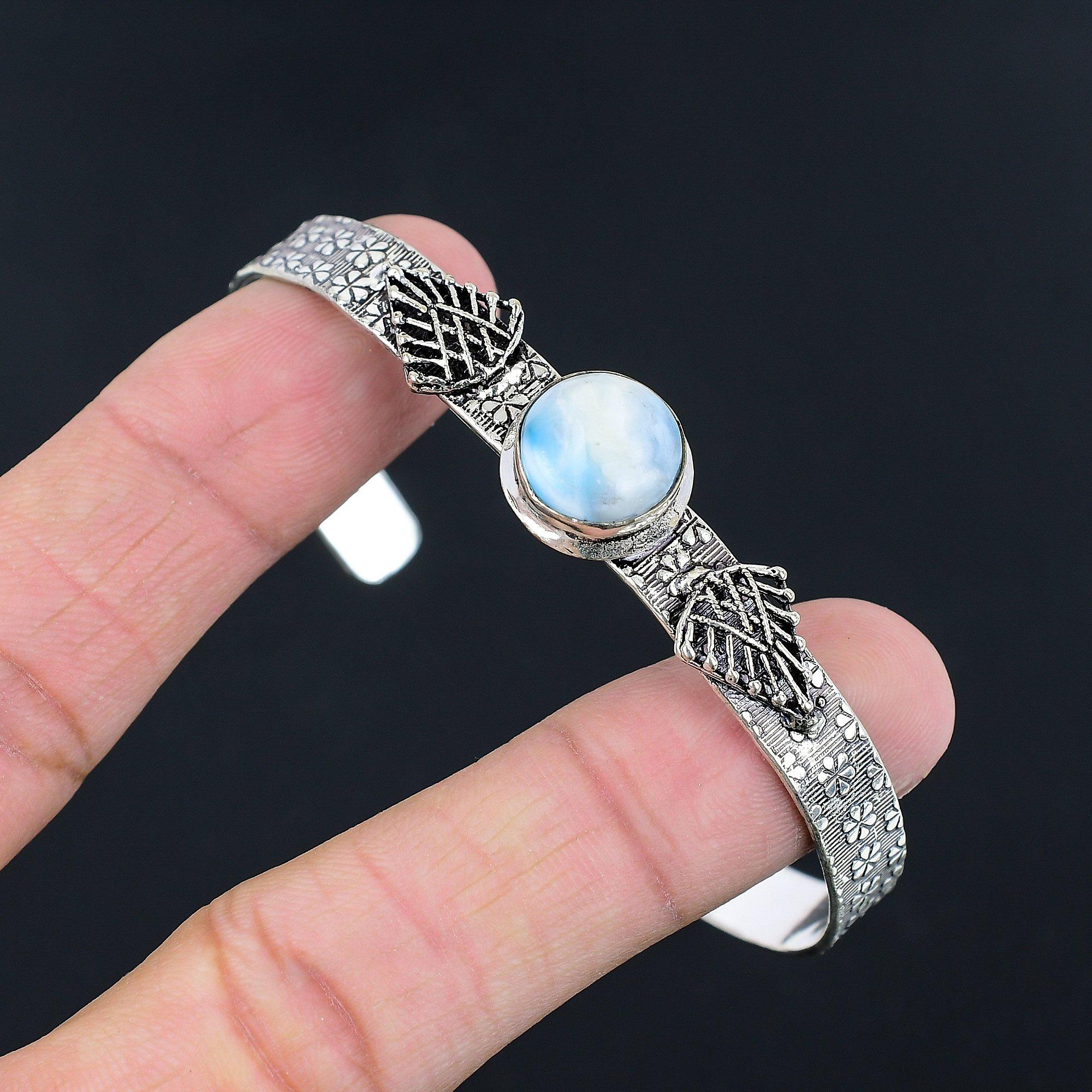 

Throat Chakra Round Natural Larimar Sterling Silver Handmade Anniversary Bangle Adjustable