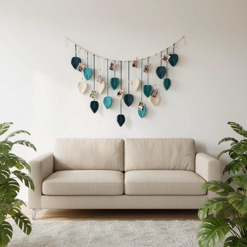 Cotton Rope Wall Hanging with Leaf Ornaments Handmade for Bedroom, Studio