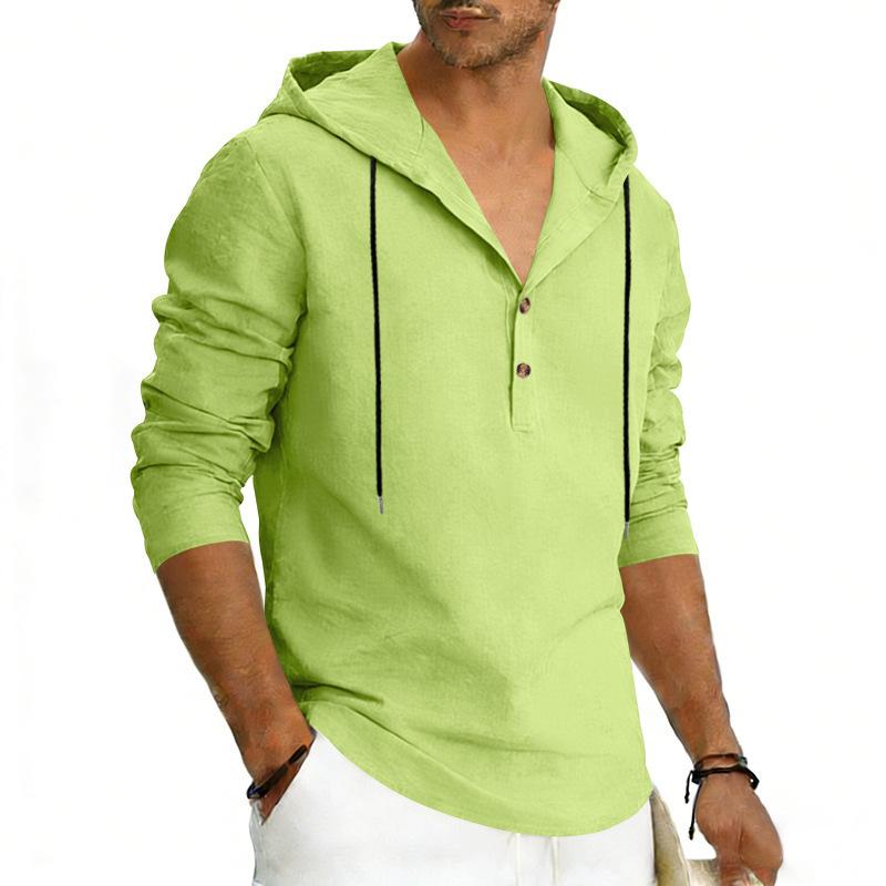 Men's Plus Size Linen Long Sleeve Hoodie, Casual Color Pullover