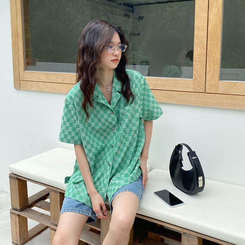 Women's Checkered Short Sleeved Shirts Summer American Style Thin Blouses Loose Casual Versatile Ladies Clothing