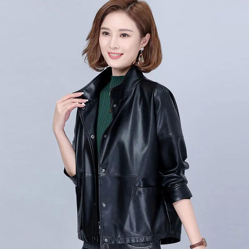 Women's Spring and Fall Loose Casual PU Leather Jacket Stand-up Collar Simple Short Section Jacket