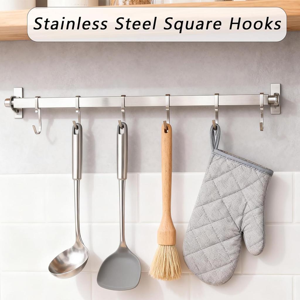 5Pcs Square Hooks, Stainless Steel Universal Hook, Utility Metal Hooks, Small Hanger for Home Kitchen Bathroom Bedroom Garden Office Hanging Pan Cup