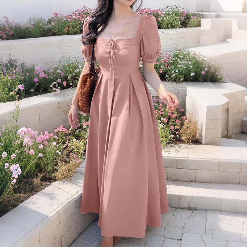 

ZANZEA Womens Casual Square Collar Summer Short Sleeve Elegant Dress 5XL рожевий